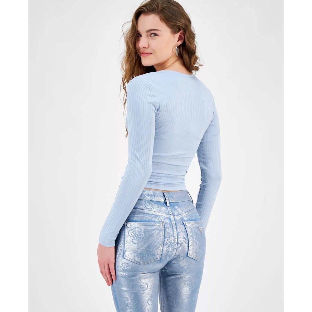 GUESS Women's Long Sleeves sweetheart-neck surplice Ribbed Top Baby Blue XL - Picture 2 of 9